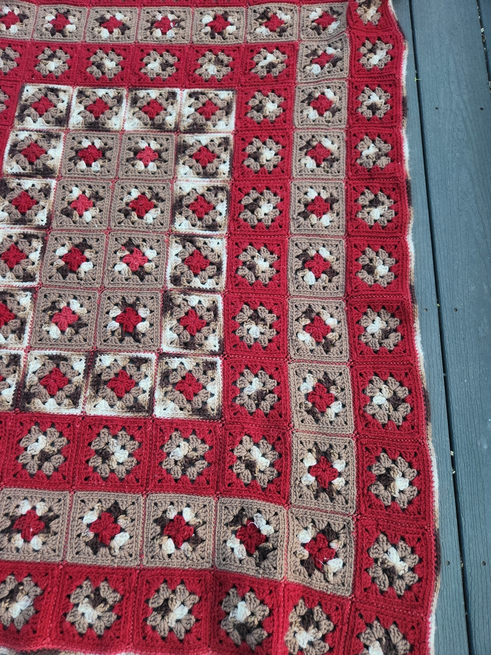 Handmade Red and Tan Crochet Granny Square Throw Blanket - Home Bedding - Picture 5 of 7